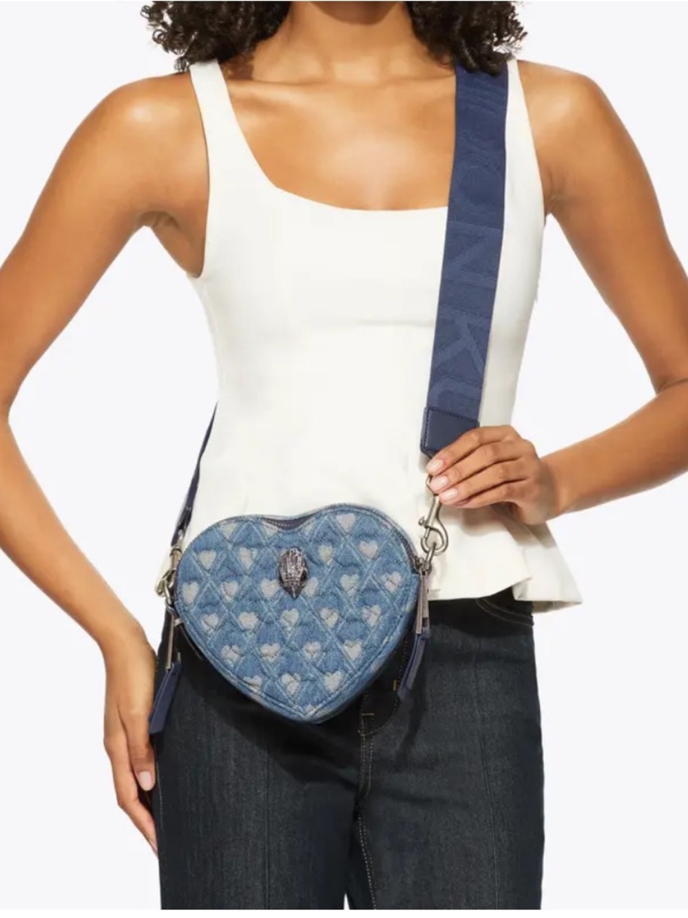 Kurt Geiger Double Zip Denim Quilted Heart Kensington Crossbody w Guitar Strap